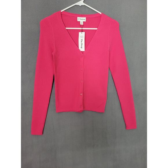 The Drop Womens Anya Fitted Rib Cardigan Sweater Bright Pink Size XSMALL - Picture 1 of 7
